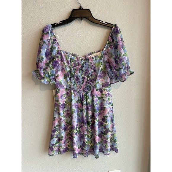 NWT Floral Print Puff Sleeve Tie Back Fit-And-Flare Dress Size XS Purple Blue - Picture 6 of 8